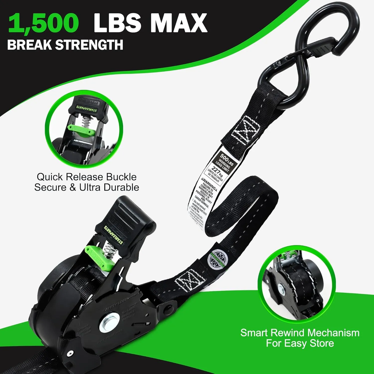 Retractable Ratchet Straps(4PK) - 1,500lb Break Strength, Ratchet Straps Heavy Duty with Rubber Coated Handle, Perfect Auto Ratchet Straps for Motorcycle, Kayak and Trucks (Black)