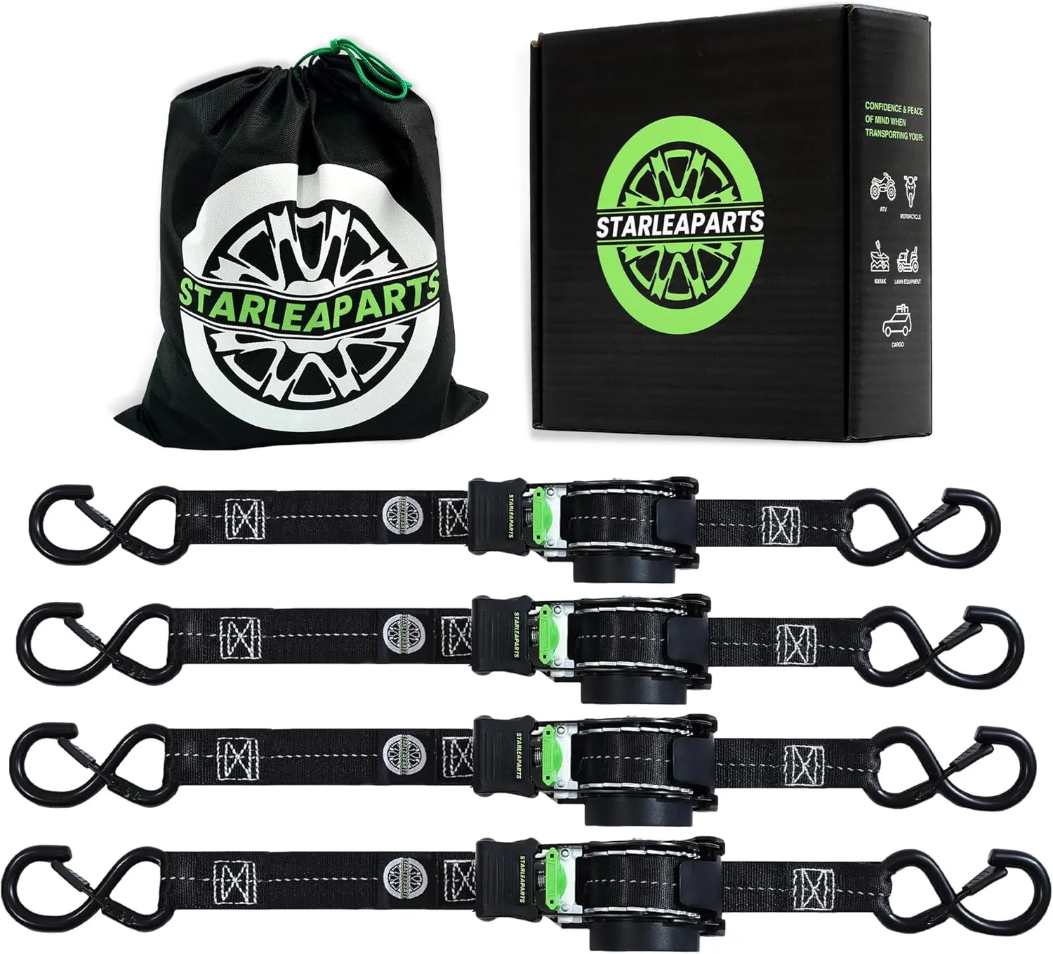 Retractable Ratchet Straps(4PK) - 1,500lb Break Strength, Ratchet Straps Heavy Duty with Rubber Coated Handle, Perfect Auto Ratchet Straps for Motorcycle, Kayak and Trucks (Black)
