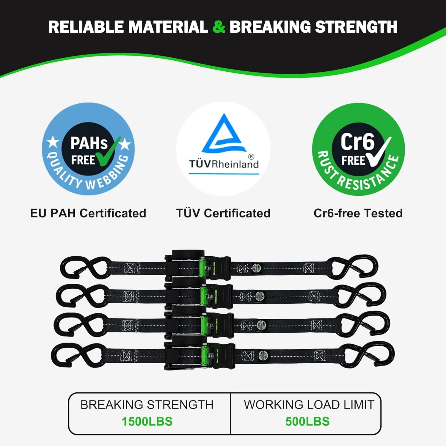 Retractable Ratchet Straps(4PK) - 1,500lb Break Strength, Ratchet Straps Heavy Duty with Rubber Coated Handle, Perfect Auto Ratchet Straps for Motorcycle, Kayak and Trucks (Black)