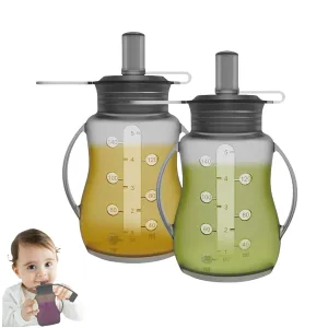 Reusable Silicone Baby Food Pouches, for Applesauce, Yogurt, Purees, Smoothies, Homemade Organic Baby Food Storage, BPA-Free Silicone Reusable Pouch Toddler, Dishwasher Safe, 4.78 oz, 2 Pack, Grey
