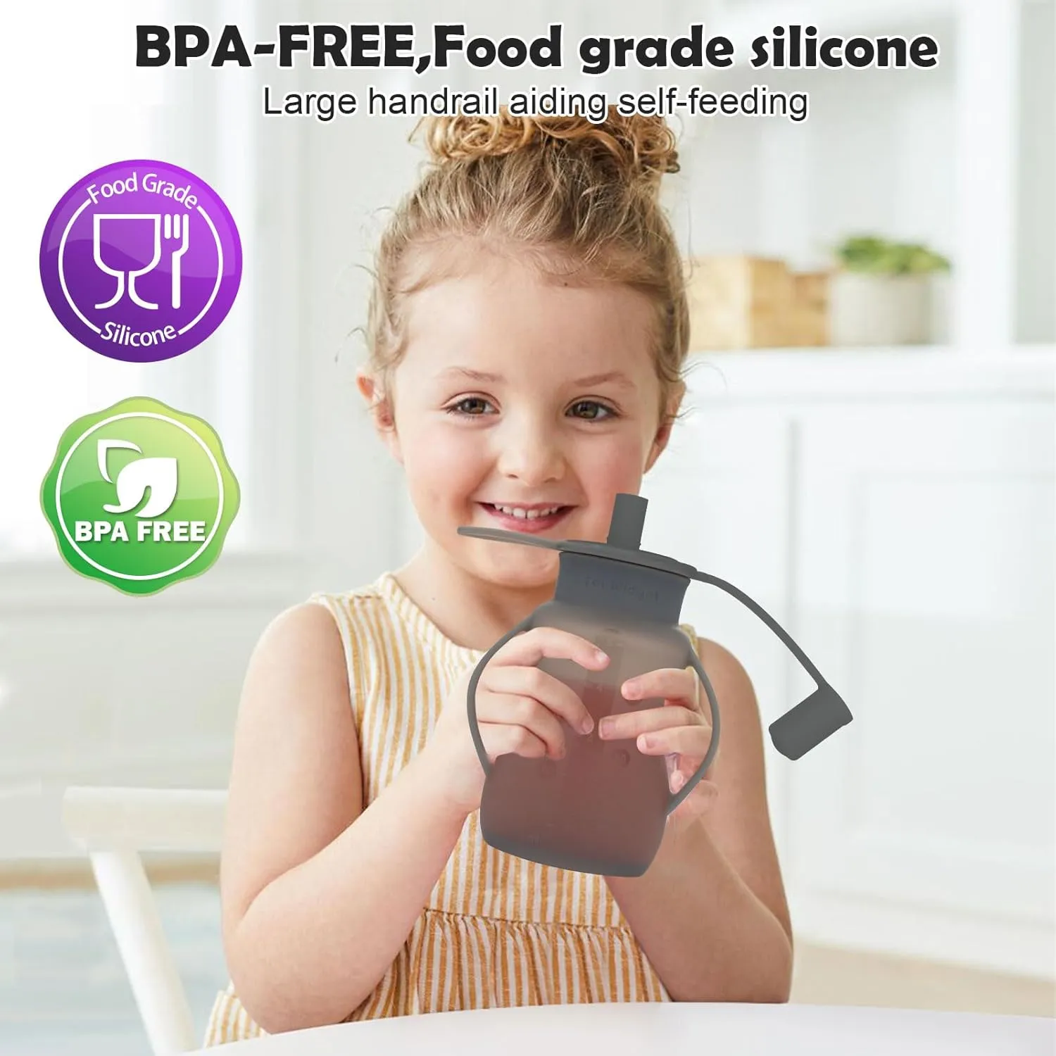 Reusable Silicone Baby Food Pouches, for Applesauce, Yogurt, Purees, Smoothies, Homemade Organic Baby Food Storage, BPA-Free Silicone Reusable Pouch Toddler, Dishwasher Safe, 4.78 oz, 2 Pack, Grey