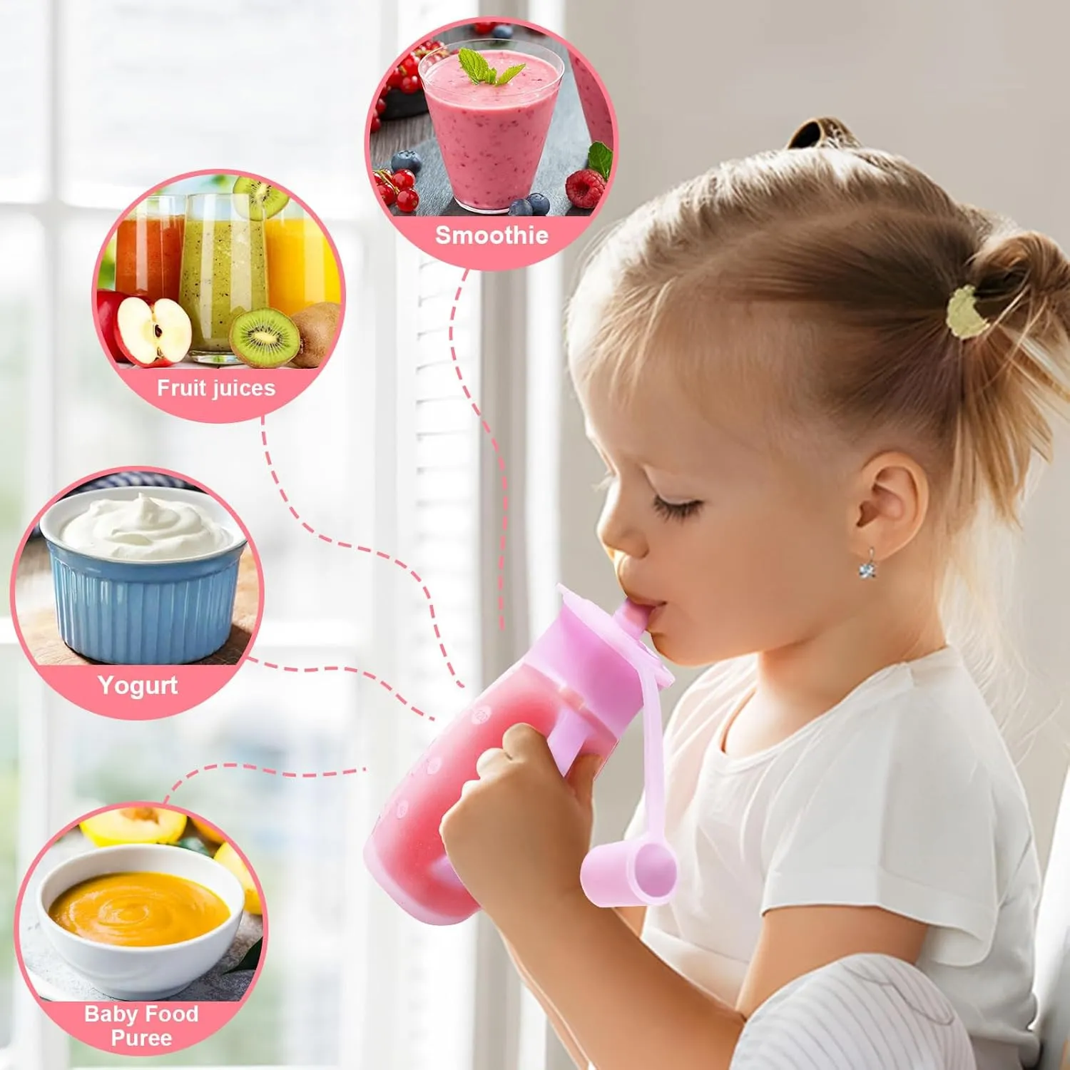 Reusable Silicone Baby Food Pouches, for Applesauce, Yogurt, Purees, Smoothies, Homemade Organic Baby Food Storage, BPA-Free Silicone Reusable Pouch Toddler, Dishwasher Safe, 4.78 oz, 2 Pack, Grey