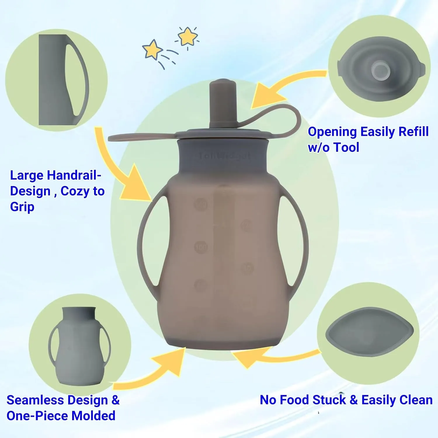 Reusable Silicone Baby Food Pouches, for Applesauce, Yogurt, Purees, Smoothies, Homemade Organic Baby Food Storage, BPA-Free Silicone Reusable Pouch Toddler, Dishwasher Safe, 4.78 oz, 2 Pack, Grey