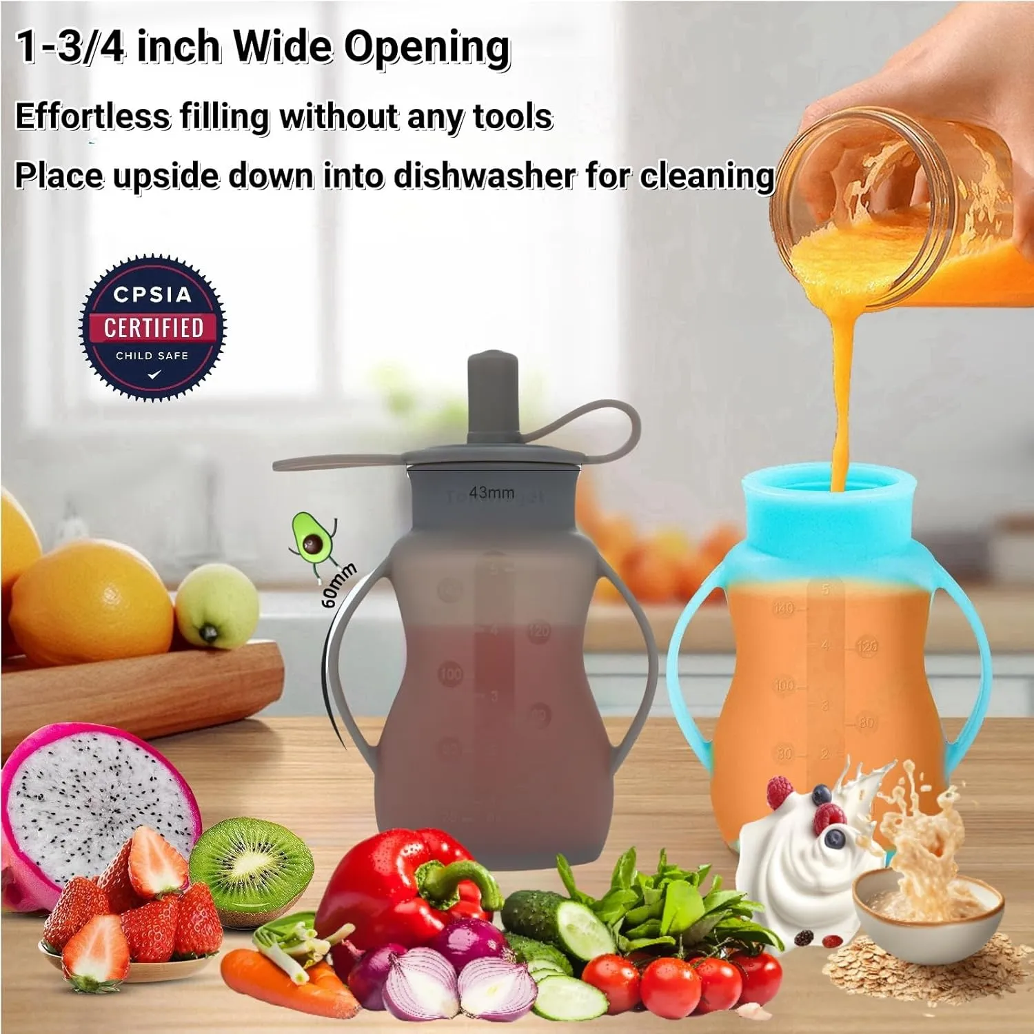 Reusable Silicone Baby Food Pouches, for Applesauce, Yogurt, Purees, Smoothies, Homemade Organic Baby Food Storage, BPA-Free Silicone Reusable Pouch Toddler, Dishwasher Safe, 4.78 oz, 2 Pack, Grey