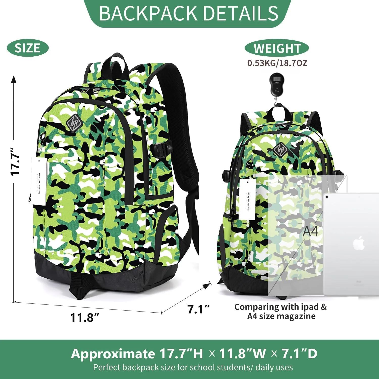 rickyh style School Backpack Travel Bag for Men & Women Lightweight College Back Pack with Laptop Compartmen