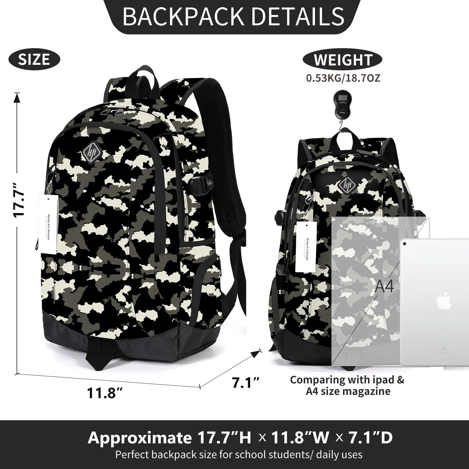 rickyh style School Backpack Travel Bag for Men & Women Lightweight College Back Pack with Laptop Compartmen