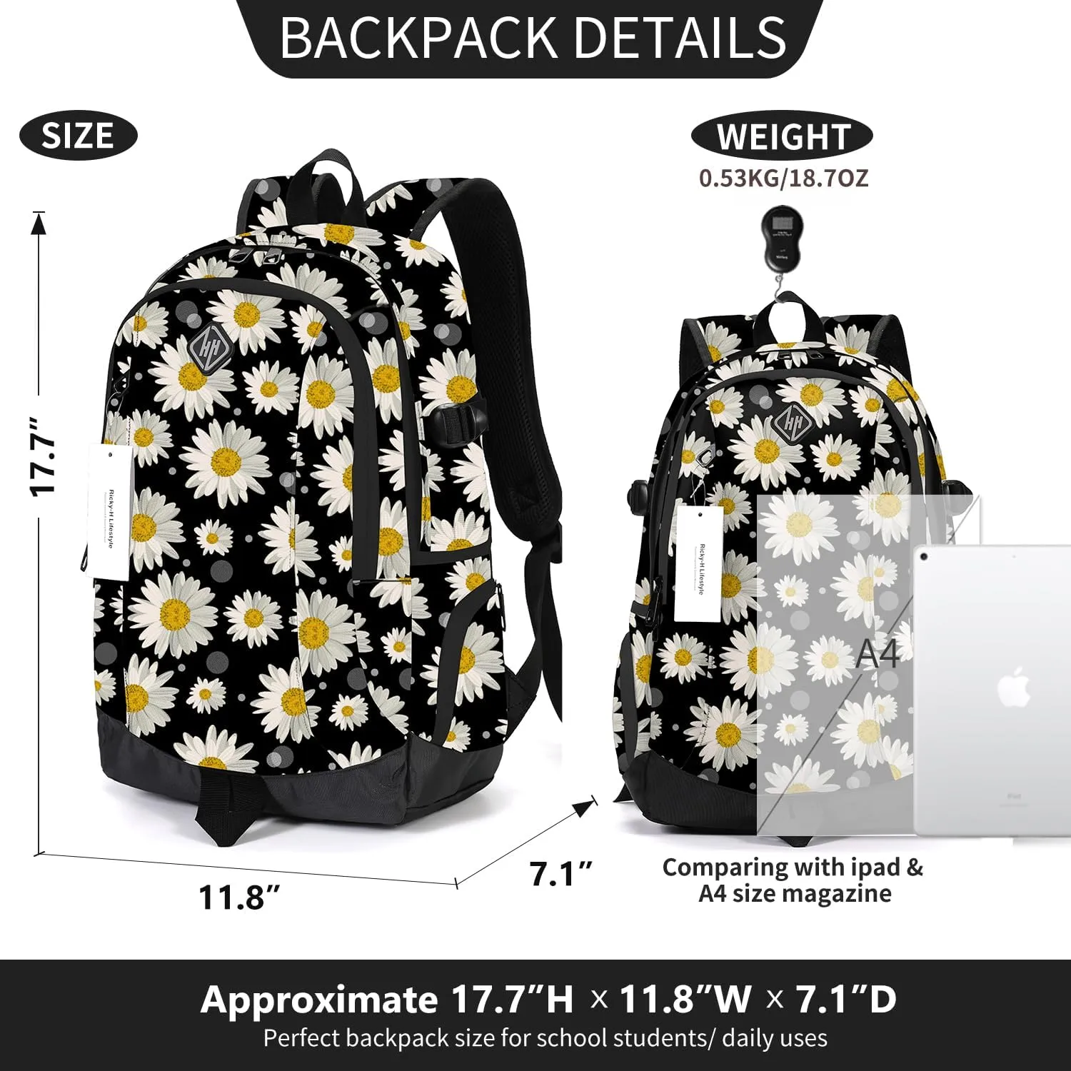 rickyh style School Backpack Travel Bag for Men & Women Lightweight College Back Pack with Laptop Compartmen