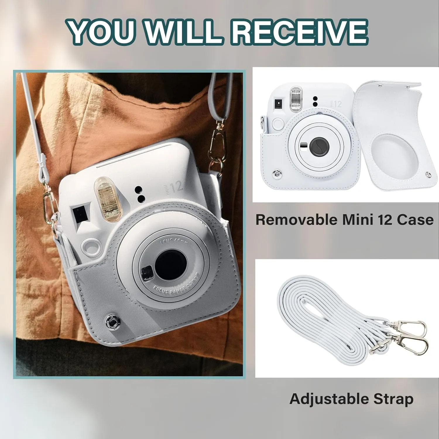 Rieibi Camera Case Compatible with Fuji Instax Mini 12 - MINI 12 Carry Case for Fujifilm Instax Mini 12 Instant Camera - mini 12 Bag Cover with Strap - Clay White