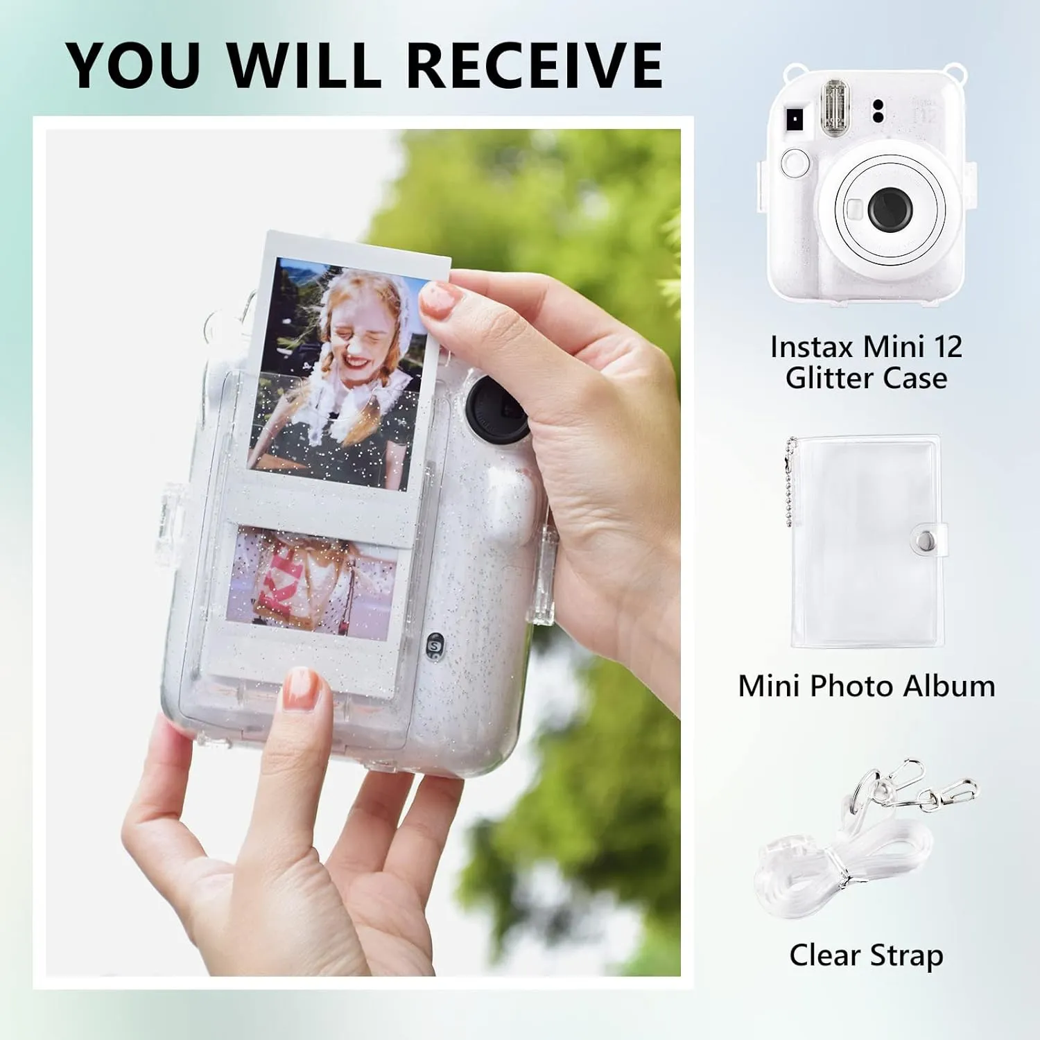 Rieibi Clear Case Compatible with Fuji Instax Mini 12 - Glitter Case Bag for Fujifilm Instax Mini 12 Instant Camera with Back Pocket, Strap and Photo Album - Glitter Clear