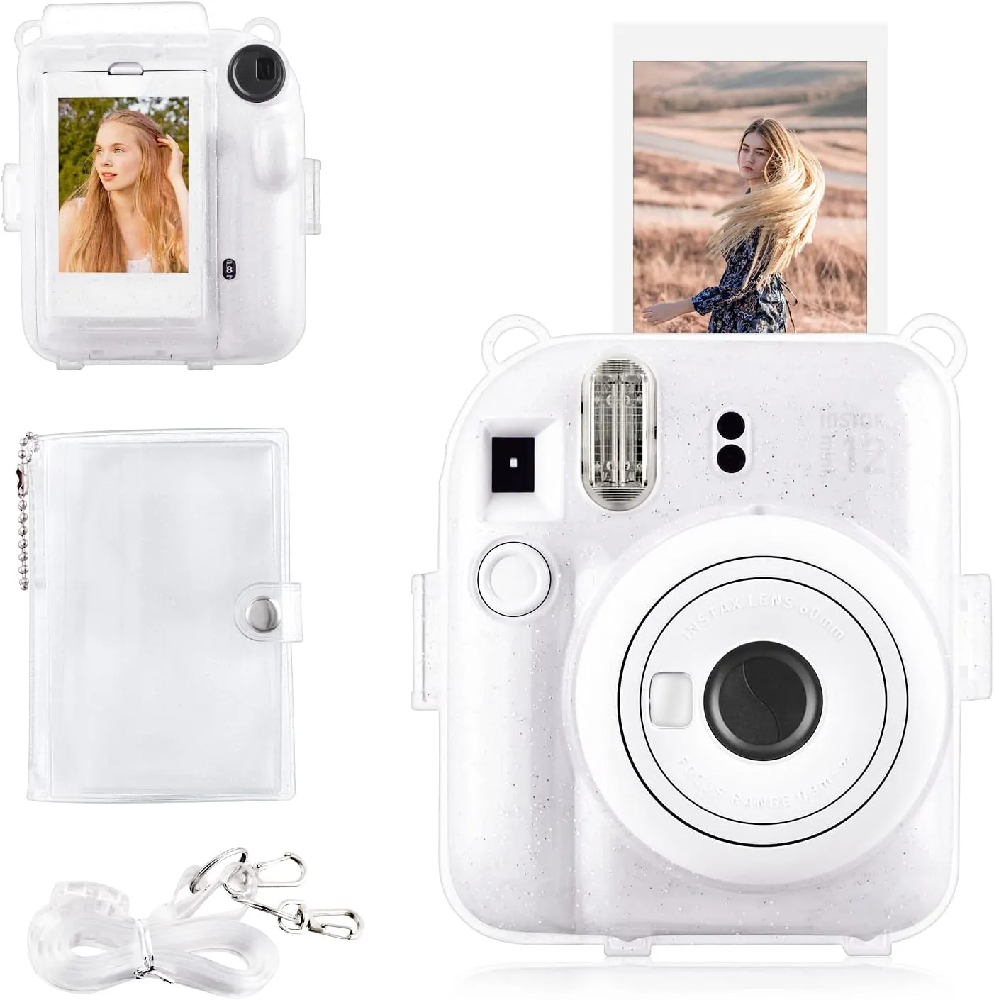 Rieibi Clear Case Compatible with Fuji Instax Mini 12 - Glitter Case Bag for Fujifilm Instax Mini 12 Instant Camera with Back Pocket, Strap and Photo Album - Glitter Clear