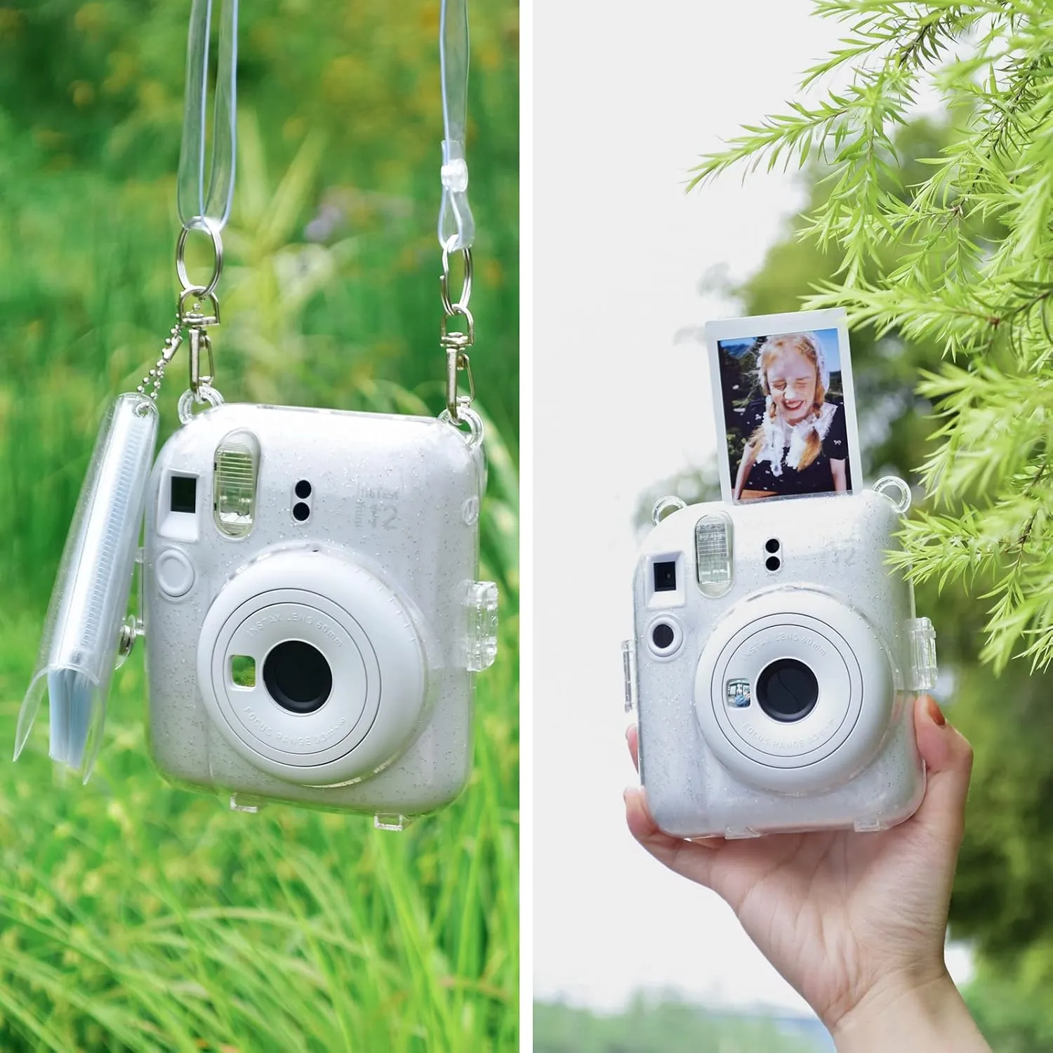 Rieibi Clear Case Compatible with Fuji Instax Mini 12 - Glitter Case Bag for Fujifilm Instax Mini 12 Instant Camera with Back Pocket, Strap and Photo Album - Glitter Clear