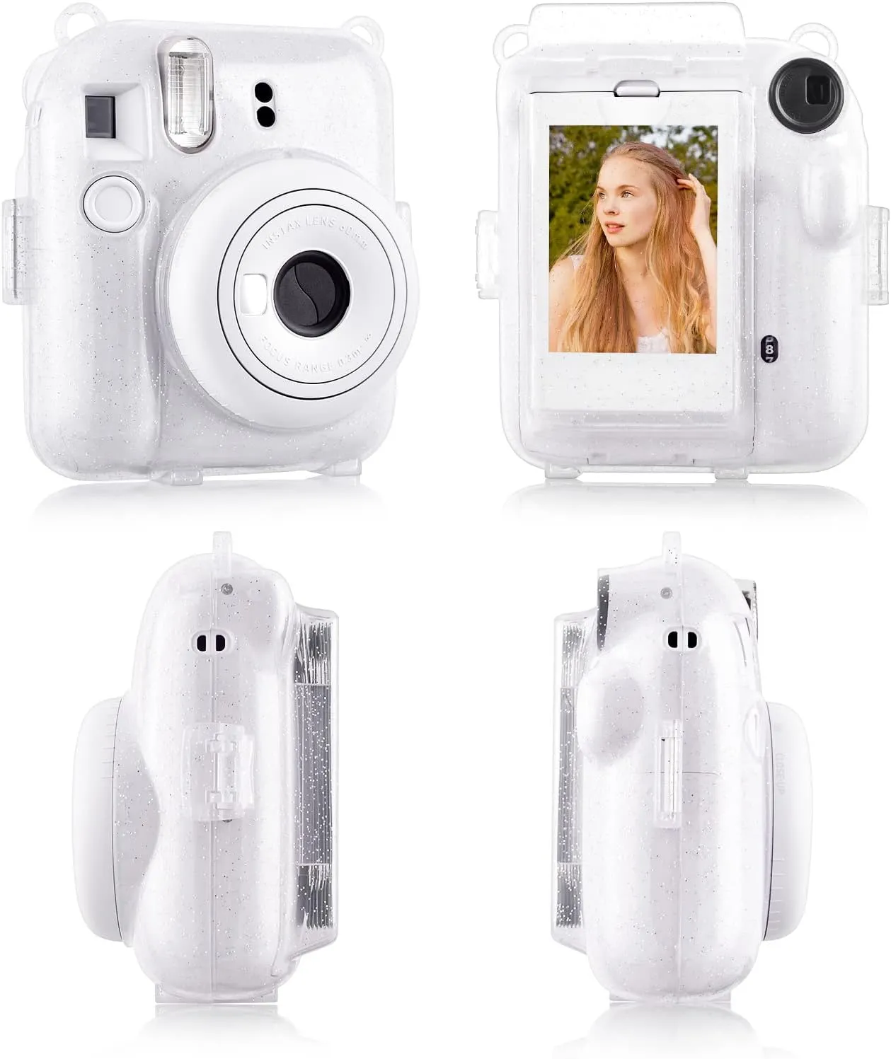 Rieibi Clear Case Compatible with Fuji Instax Mini 12 - Glitter Case Bag for Fujifilm Instax Mini 12 Instant Camera with Back Pocket, Strap and Photo Album - Glitter Clear