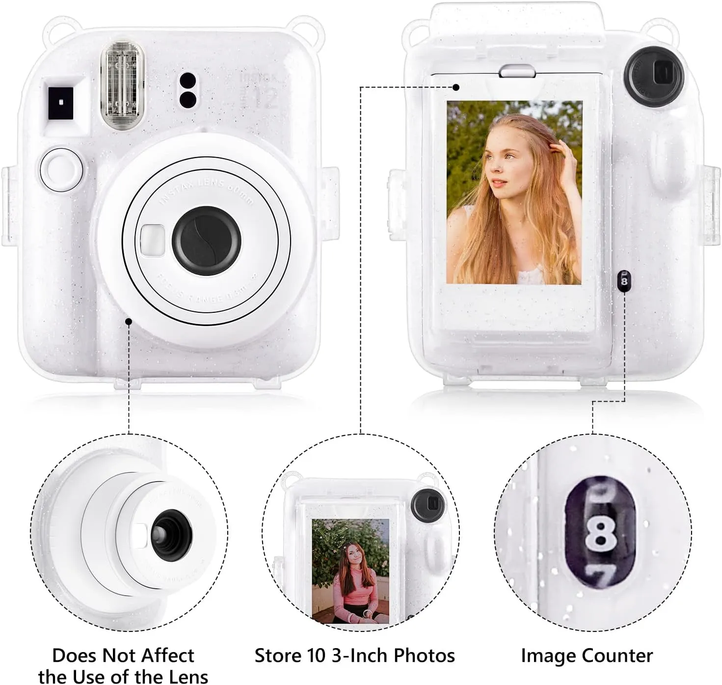 Rieibi Clear Case Compatible with Fuji Instax Mini 12 - Glitter Case Bag for Fujifilm Instax Mini 12 Instant Camera with Back Pocket, Strap and Photo Album - Glitter Clear