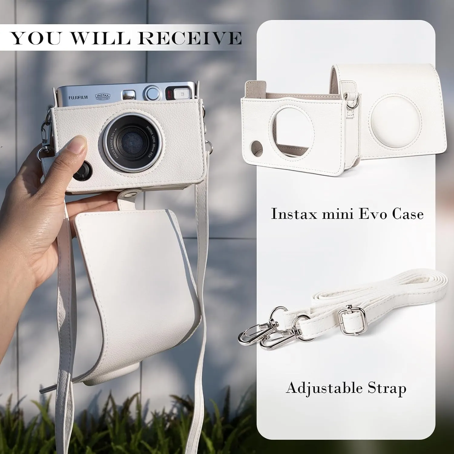 Rieibi Mini EVO Case - Vintage PU Leather Protective Case for Fuji Instax Mini EVO Instant Camera - Removable Cover with Adjustable Shoulder Strap Battery Charging Port