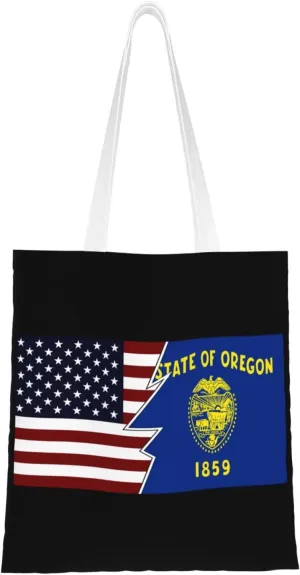 Ripped Style American And Flag Of Oregon Tote Bag for Women Canvas Shopping Bags Reusable Large Capacity Casual Shoulder Handbags Grocery Bags DIY Gift Bags