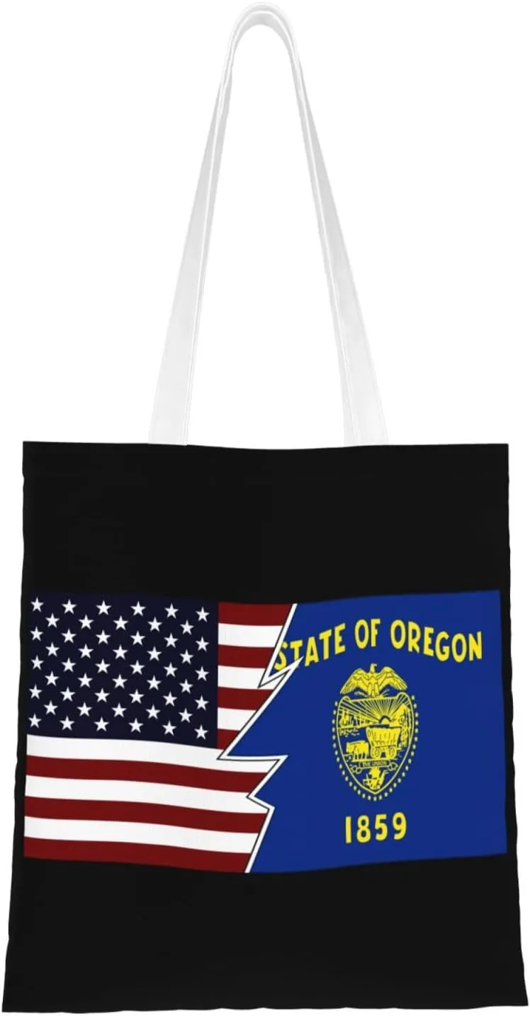 Ripped Style American And Flag Of Oregon Tote Bag for Women Canvas Shopping Bags Reusable Large Capacity Casual Shoulder Handbags Grocery Bags DIY Gift Bags