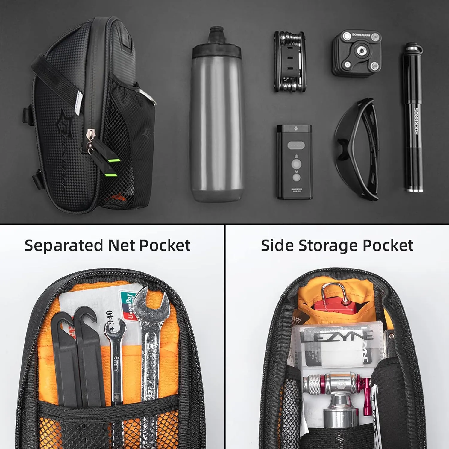ROCKBROS Bike Saddle Bags with Water Bottle Pouch Waterproof Bike Bags Under Seat Pack for Mountain Road Bike Saddle Bag Bicycles Storage Bag 1.6L