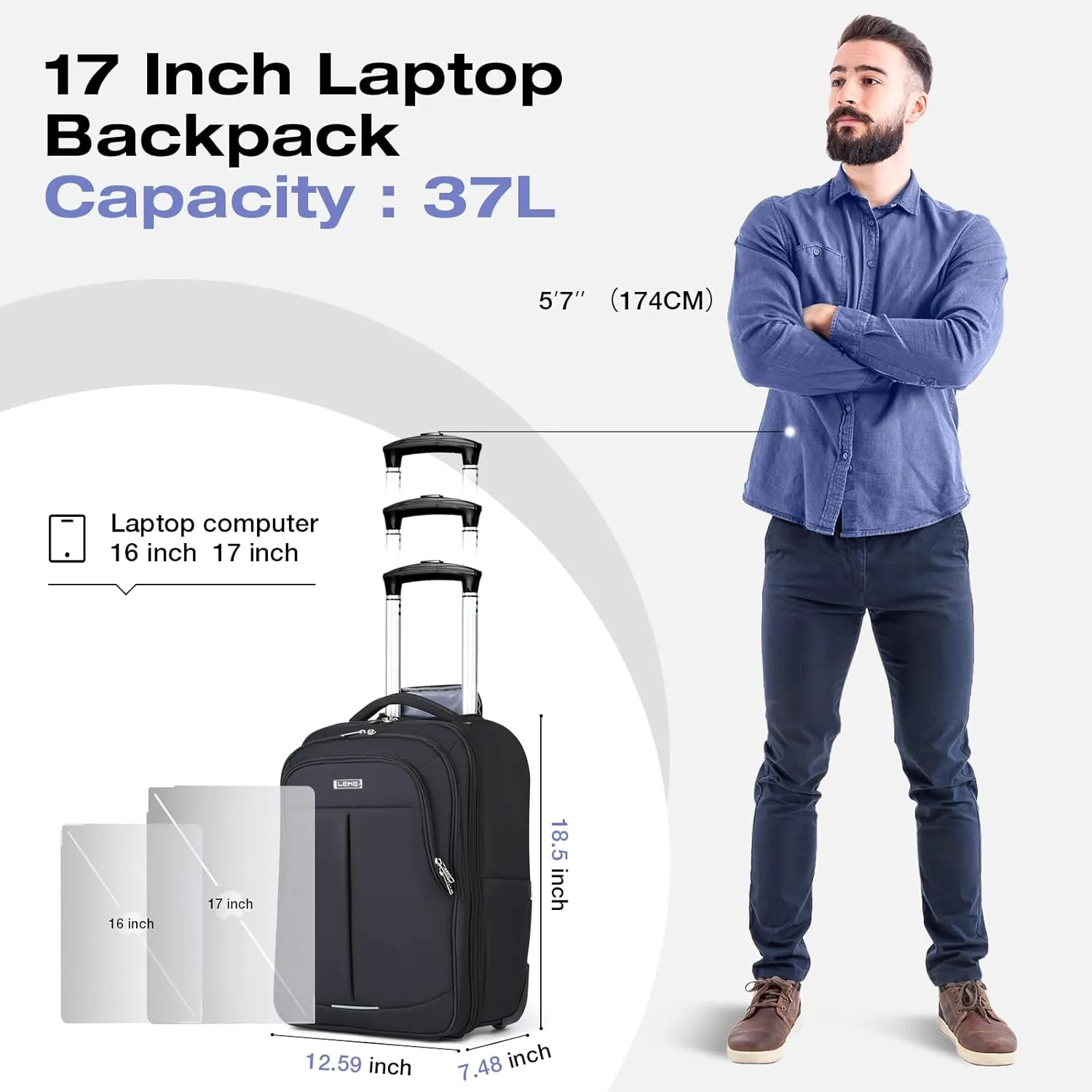Rolling Backpack for Adults,17 Inch Waterproof Underseat Carry On Luggage, Wheeled Carry-on Luggage, Travel Backpack for Men Women， Trolley Laptop， Black Medium