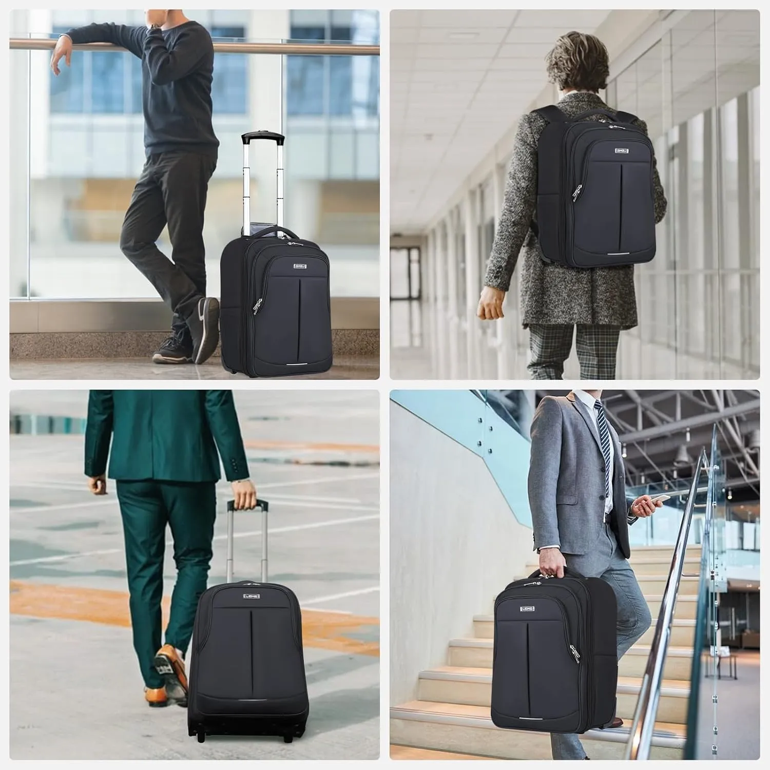 Rolling Backpack for Adults,17 Inch Waterproof Underseat Carry On Luggage, Wheeled Carry-on Luggage, Travel Backpack for Men Women， Trolley Laptop， Black Medium
