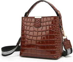 ROUROU Glossy Handbag for Women Crocodile Print Shoulder Bag Synthetic Leather Crossbody Bag Retro Purse Bucket Bag