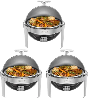 ROVSUN 3-Pack Roll Top Chafing Dish Buffet Set, 6 Quart Full Size Chafer, NSF Stainless Steel Round Set with Food Pan, Water Pan for Wedding, Parties, Banquet, Catering Events