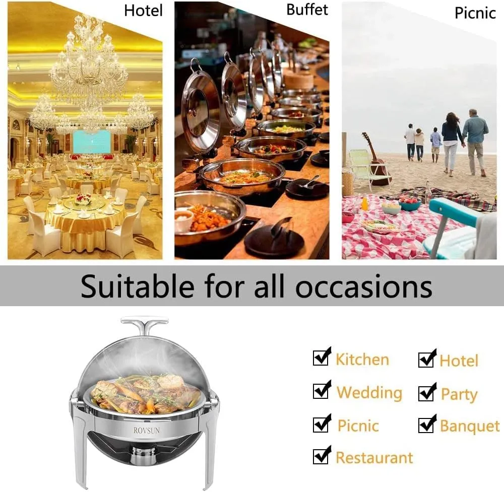 ROVSUN 3-Pack Roll Top Chafing Dish Buffet Set, 6 Quart Full Size Chafer, NSF Stainless Steel Round Set with Food Pan, Water Pan for Wedding, Parties, Banquet, Catering Events