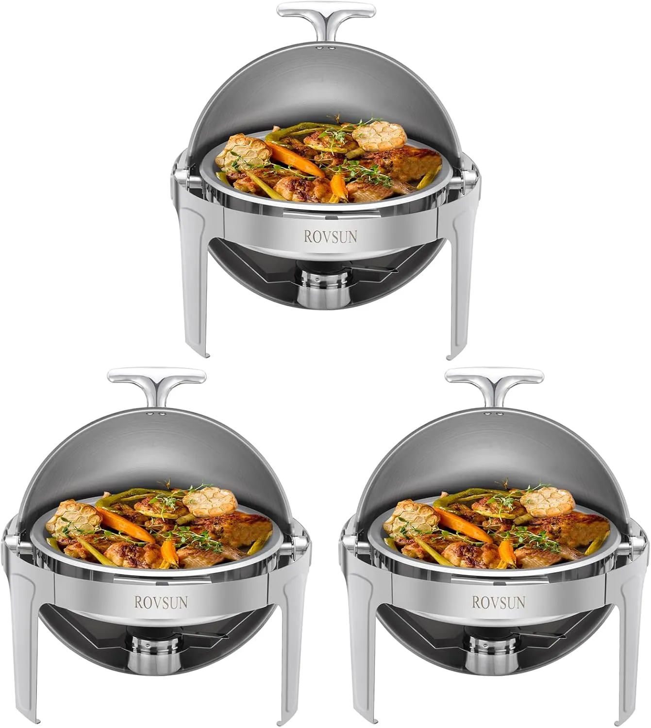 ROVSUN 3-Pack Roll Top Chafing Dish Buffet Set, 6 Quart Full Size Chafer, NSF Stainless Steel Round Set with Food Pan, Water Pan for Wedding, Parties, Banquet, Catering Events