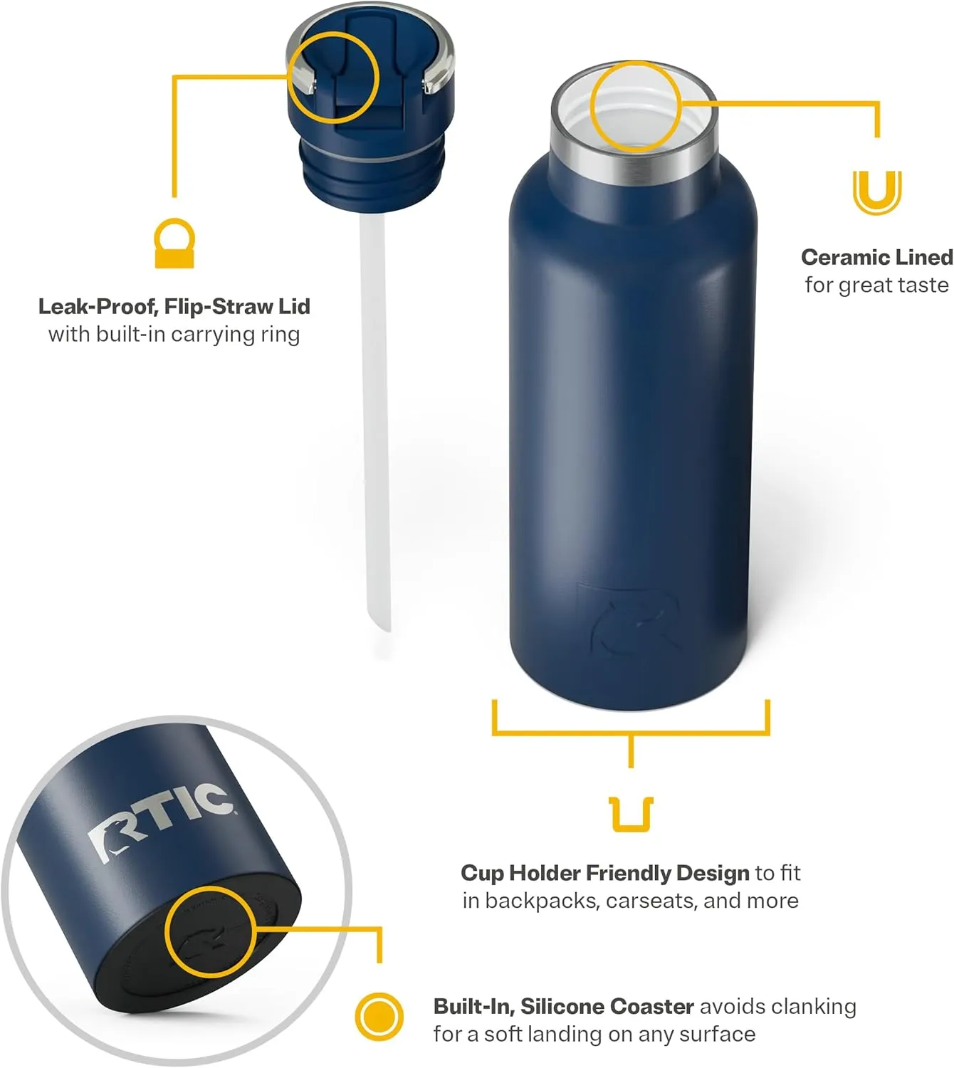 RTIC 16oz Journey Bottle Metal Stainless Steel Vacuum Insulated, BPA Free, Reusable, for Water, Hot and Cold Drinks, Travel, Sports, Camping, Navy