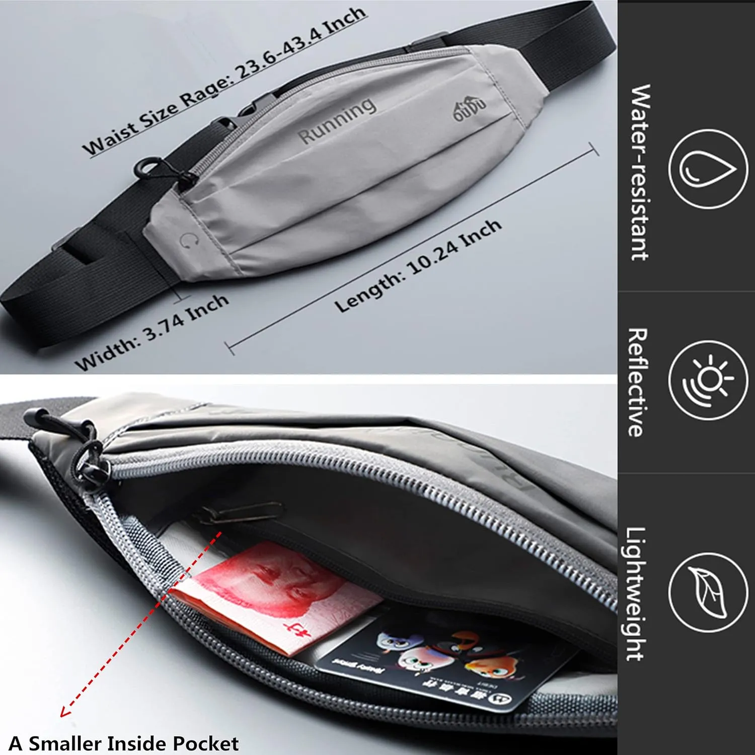 Running Belt Waist Pack - Running Fanny Pack for Women & Men - Hiking Cycling Workout Belt Bag - Whole Bag Reflective Runner Pouch - Waterproof Cell Phone Holder Gray