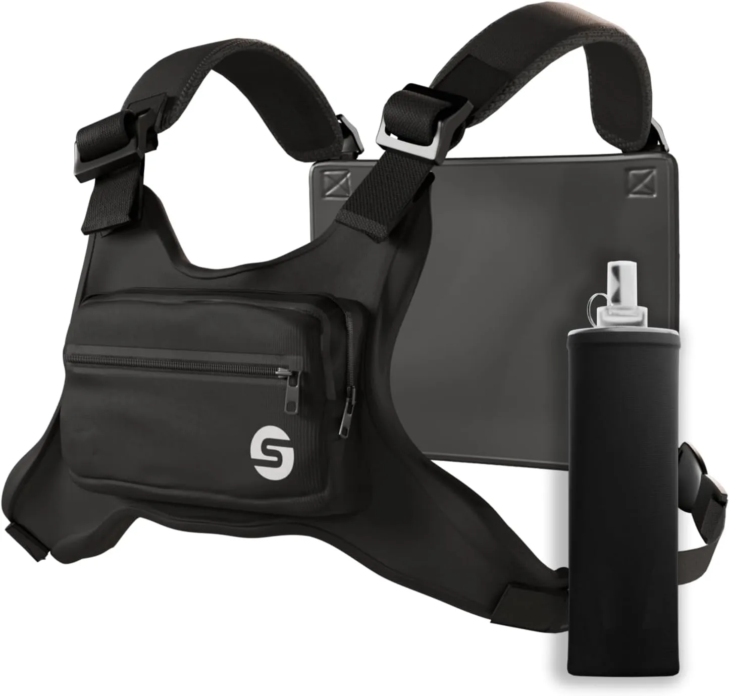 Running Chest Bag for Men Women with Collapsible Water Bottle, Water-Resistant Adjustable Chest Pack with Reflective Back for Cycling, Hiking, Workouts, with Phone Holder and Extra Storage (Black)