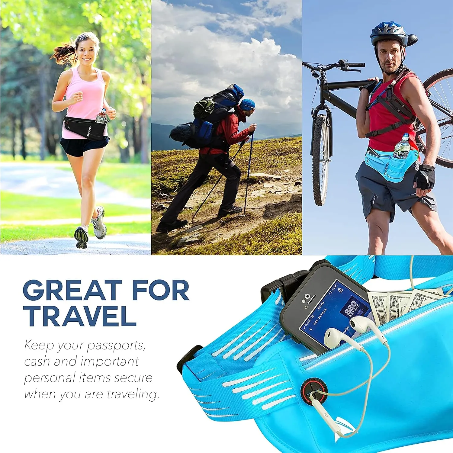 Running Fanny Pack with Water Bottle Holder - Adjustable Running Belt With Water Bottle Holder and Pouch - One Size Fits All Travel Fanny Pack