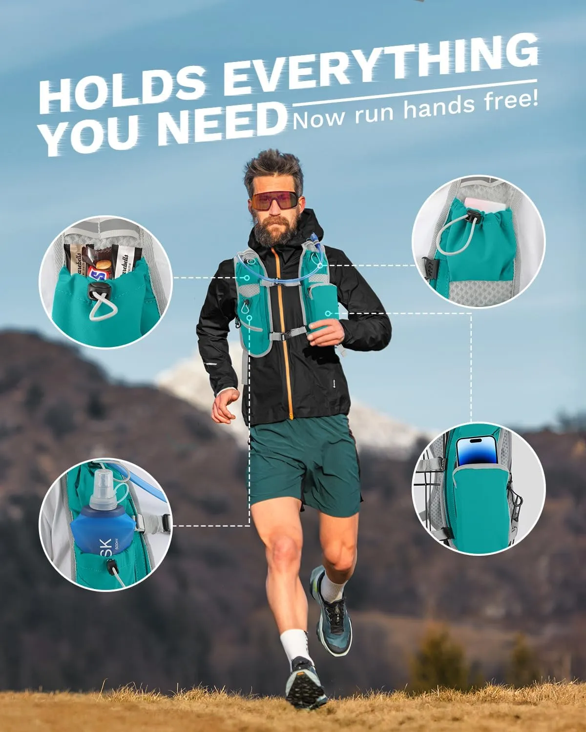 Running Vest for Women and Men, Hydration Backpack for Runners, Trail, Hiking, Biking and Walking, with Front Phone Holder, Adjustable Chest and Waist Strap