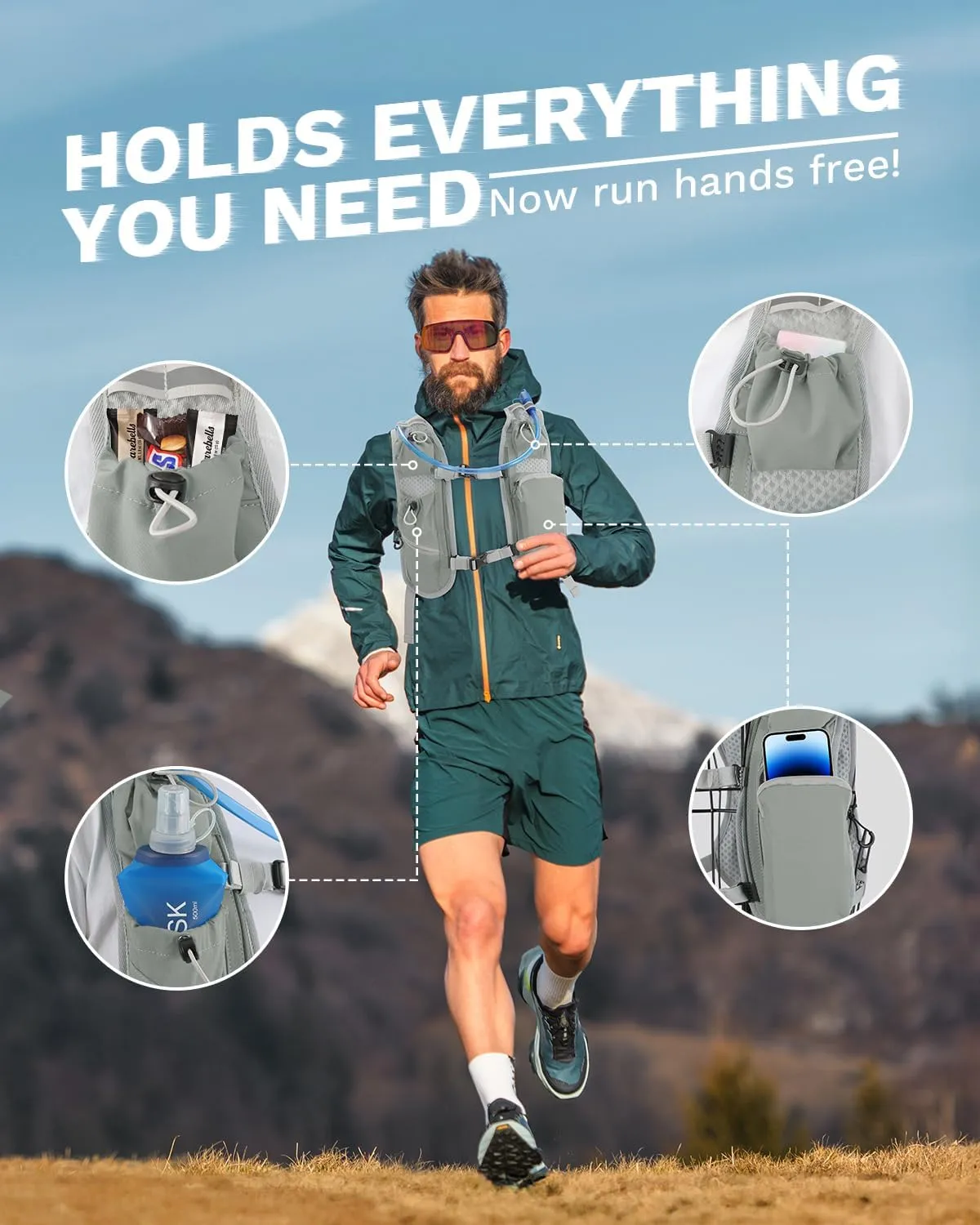 Running Vest for Women and Men, Hydration Backpack for Runners, Trail, Hiking, Biking and Walking, with Front Phone Holder, Adjustable Chest and Waist Strap