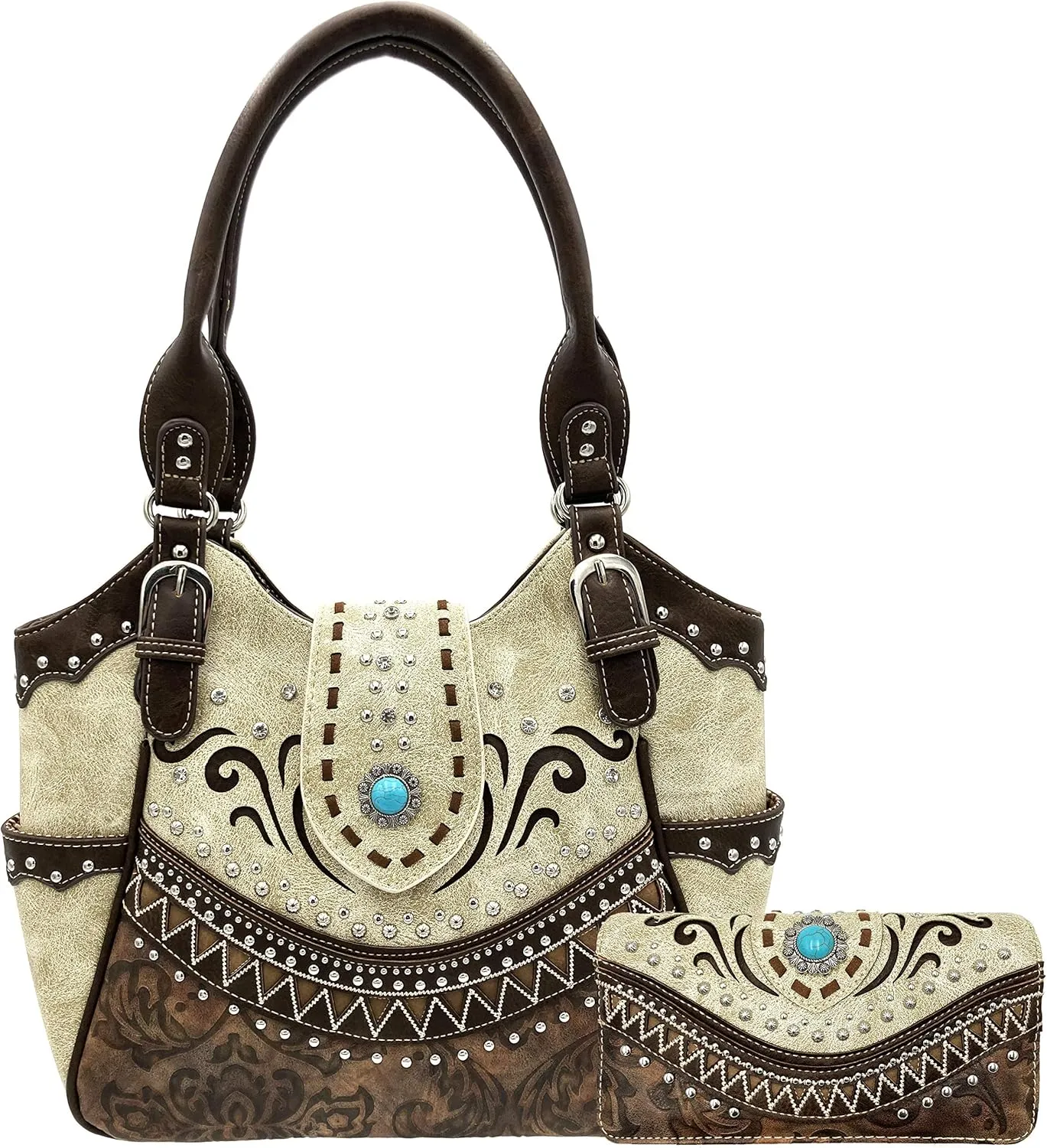 Rustic Western Floral Tooled Laser Cut Turquoise Concho Studded Tote Purse Bag Wallet Set