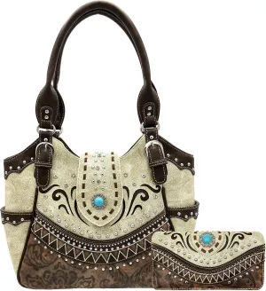 Rustic Western Floral Tooled Laser Cut Turquoise Concho Studded Tote Purse Bag Wallet Set