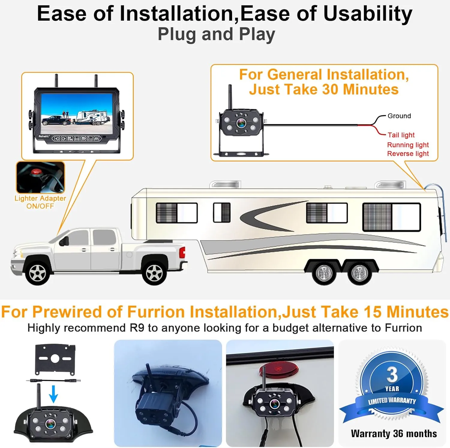 RV Backup Camera Wireless Strong Signal: HD 1080P 7'' Touch Key Recording Monitor Rear View System for Trailers/Trucks/5th Wheel 4 Channels Easy Setup Plug and Play for Furrion Pre-Wired Mount R9