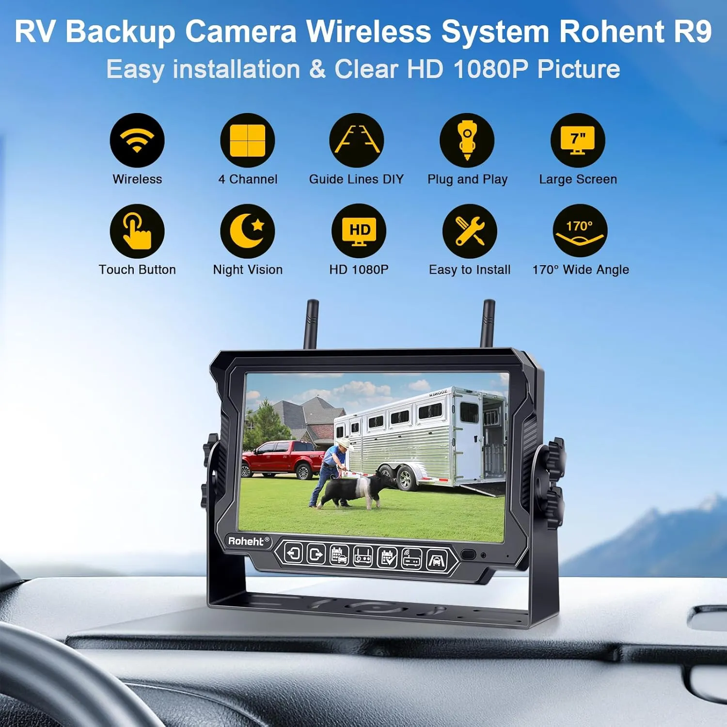 RV Backup Camera Wireless Strong Signal: HD 1080P 7'' Touch Key Recording Monitor Rear View System for Trailers/Trucks/5th Wheel 4 Channels Easy Setup Plug and Play for Furrion Pre-Wired Mount R9