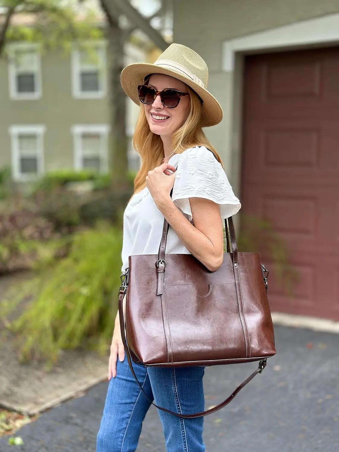S-ZONE Women Genuine Leather Top Handle Satchel Daily Work Tote Shoulder Bag
