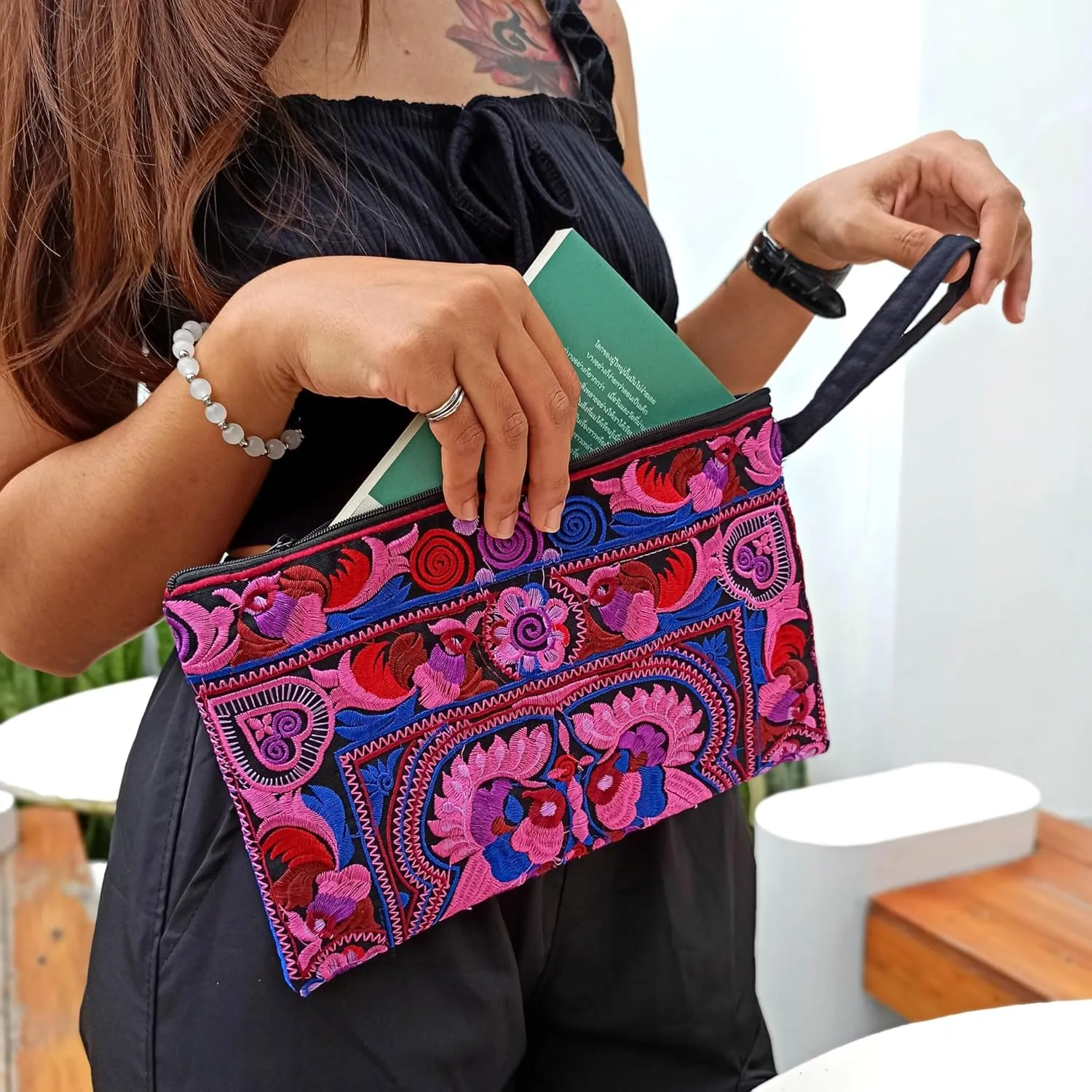 Sabai Jai - Embroidered Clutch Purse with Wristlet - Large Boho Purses and Handbags