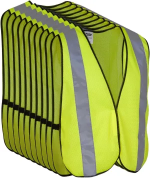 Safety Vest with High Visibility - 2 Inch Reflective Strips, Bright Neon Yellow, Breathable Polyester Mesh Fabric, ANSI ISEA Class Unrated, Hi Viz All Day and Night (10 Pack - Small-Large)