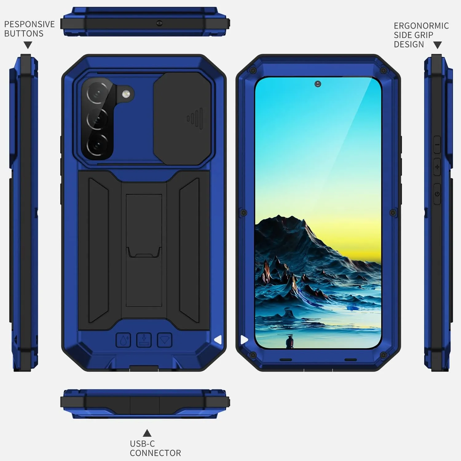 Samsung Galaxy S22 Plus 5G 2022 Rugged case with Screen Protector Stand Camera Slide Cover for Samsung S22 Plus Metal Military Sturdy Armour Shockproof Cover for Man Outdoor (Blue)