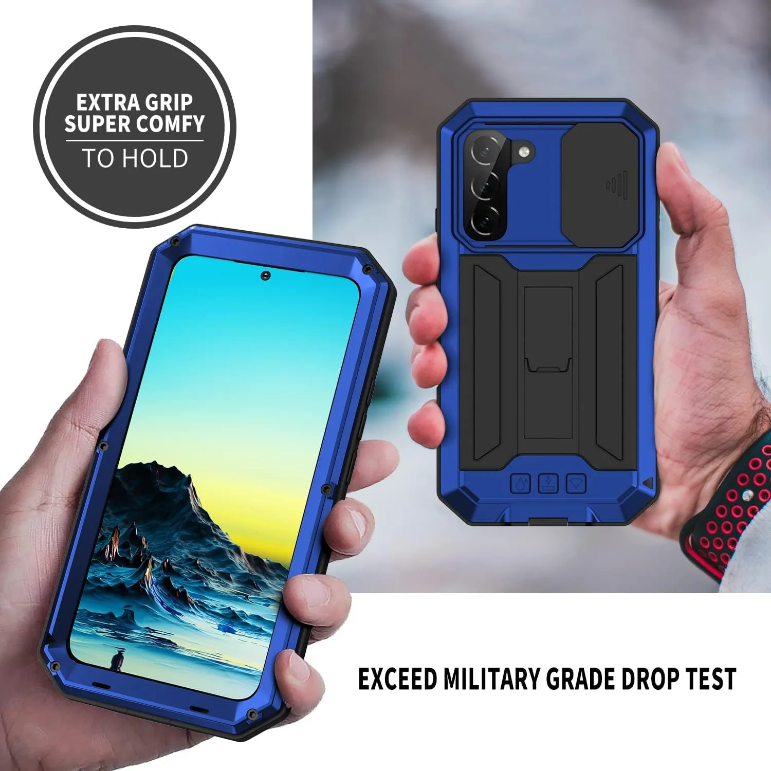 Samsung Galaxy S22 Plus 5G 2022 Rugged case with Screen Protector Stand Camera Slide Cover for Samsung S22 Plus Metal Military Sturdy Armour Shockproof Cover for Man Outdoor (Blue)