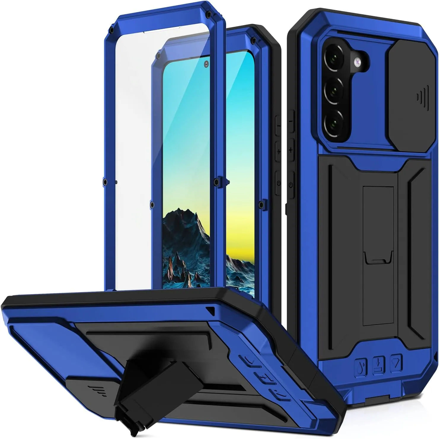 Samsung Galaxy S22 Plus 5G 2022 Rugged case with Screen Protector Stand Camera Slide Cover for Samsung S22 Plus Metal Military Sturdy Armour Shockproof Cover for Man Outdoor (Blue)