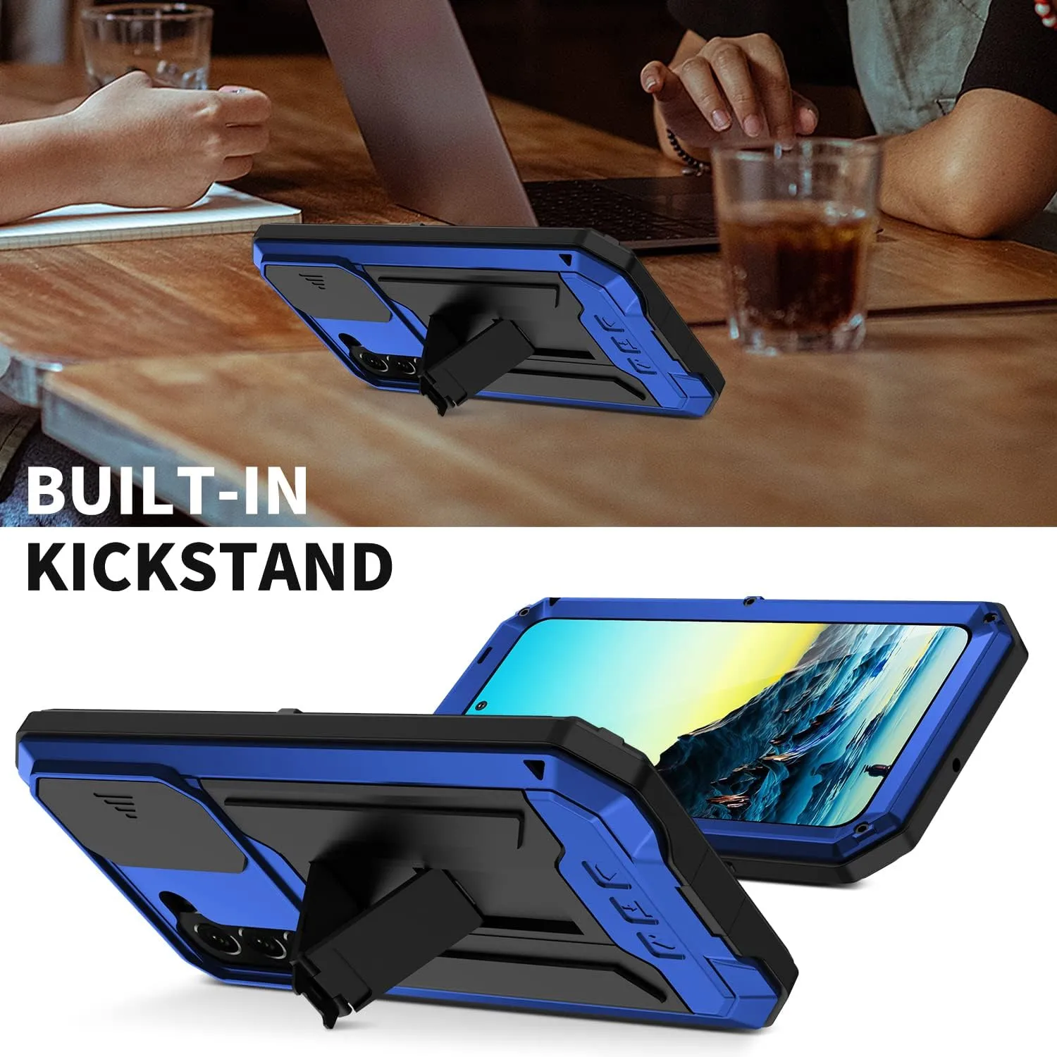 Samsung Galaxy S22 Plus 5G 2022 Rugged case with Screen Protector Stand Camera Slide Cover for Samsung S22 Plus Metal Military Sturdy Armour Shockproof Cover for Man Outdoor (Blue)