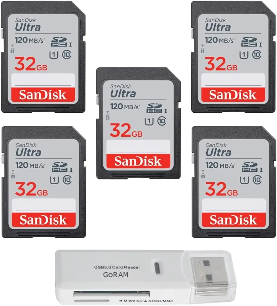 SanDisk 32GB Ultra SDHC UHS-I Class 10 Memory Card 120MB/s U1, Full HD, SD Camera Card SDSDUN4-032G (5 Pack) Bundle with (1) GoRAM USB 3.0 Card Reader