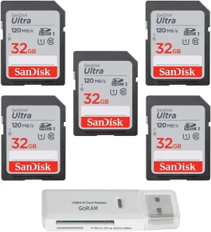 SanDisk 32GB Ultra SDHC UHS-I Class 10 Memory Card 120MB/s U1, Full HD, SD Camera Card SDSDUN4-032G (5 Pack) Bundle with (1) GoRAM USB 3.0 Card Reader