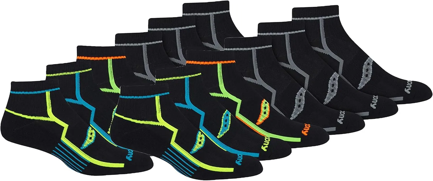 Saucony Men's RunDry Bolt Performance Quarter Socks, Available in L-XL (6, 12 Pairs)