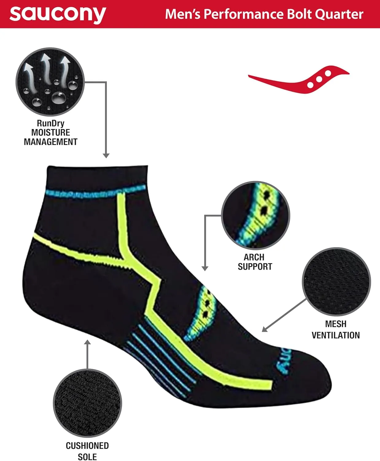 Saucony Men's RunDry Bolt Performance Quarter Socks, Available in L-XL (6, 12 Pairs)