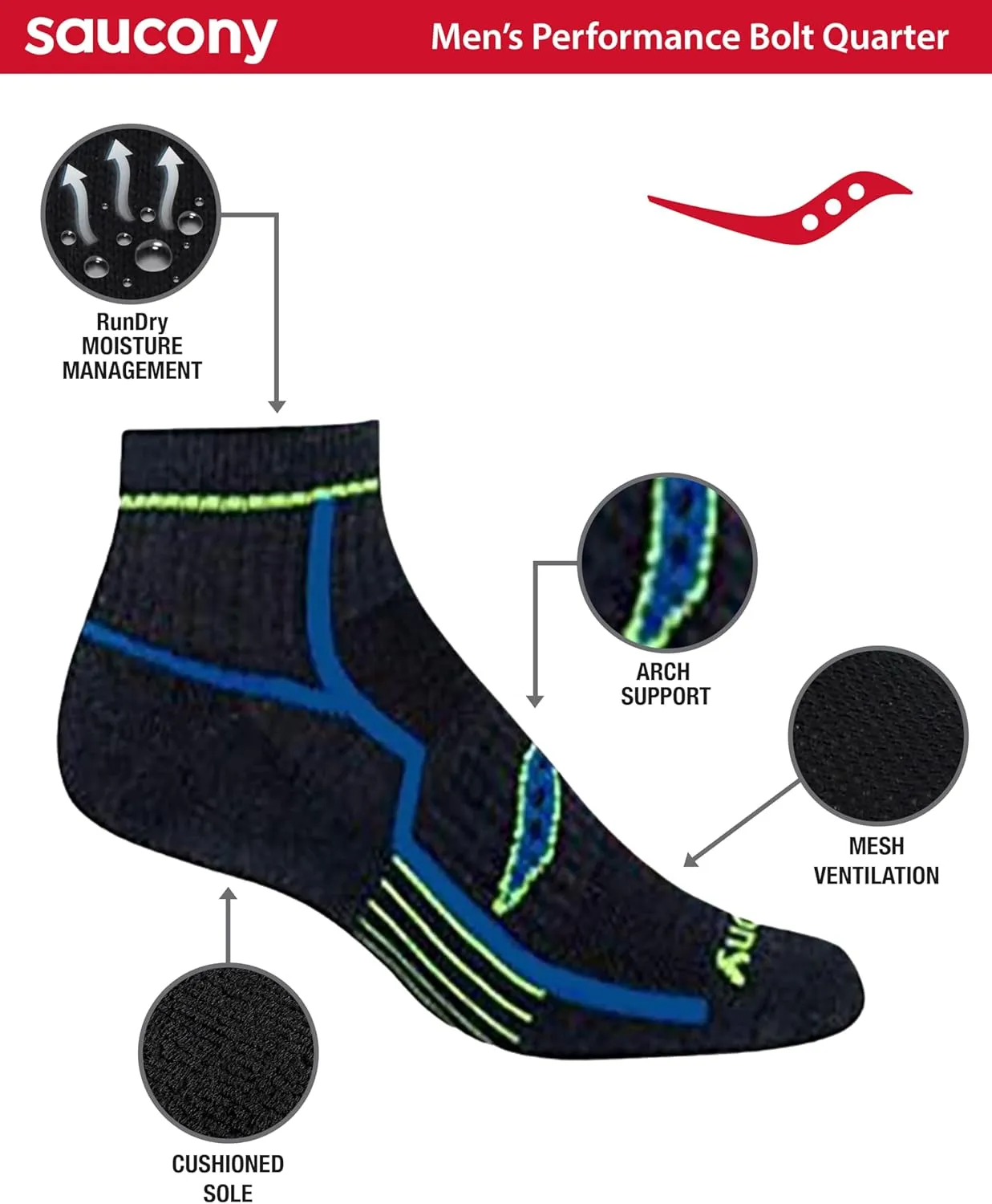 Saucony Men's RunDry Bolt Performance Quarter Socks, Available in L-XL (6, 12 Pairs)