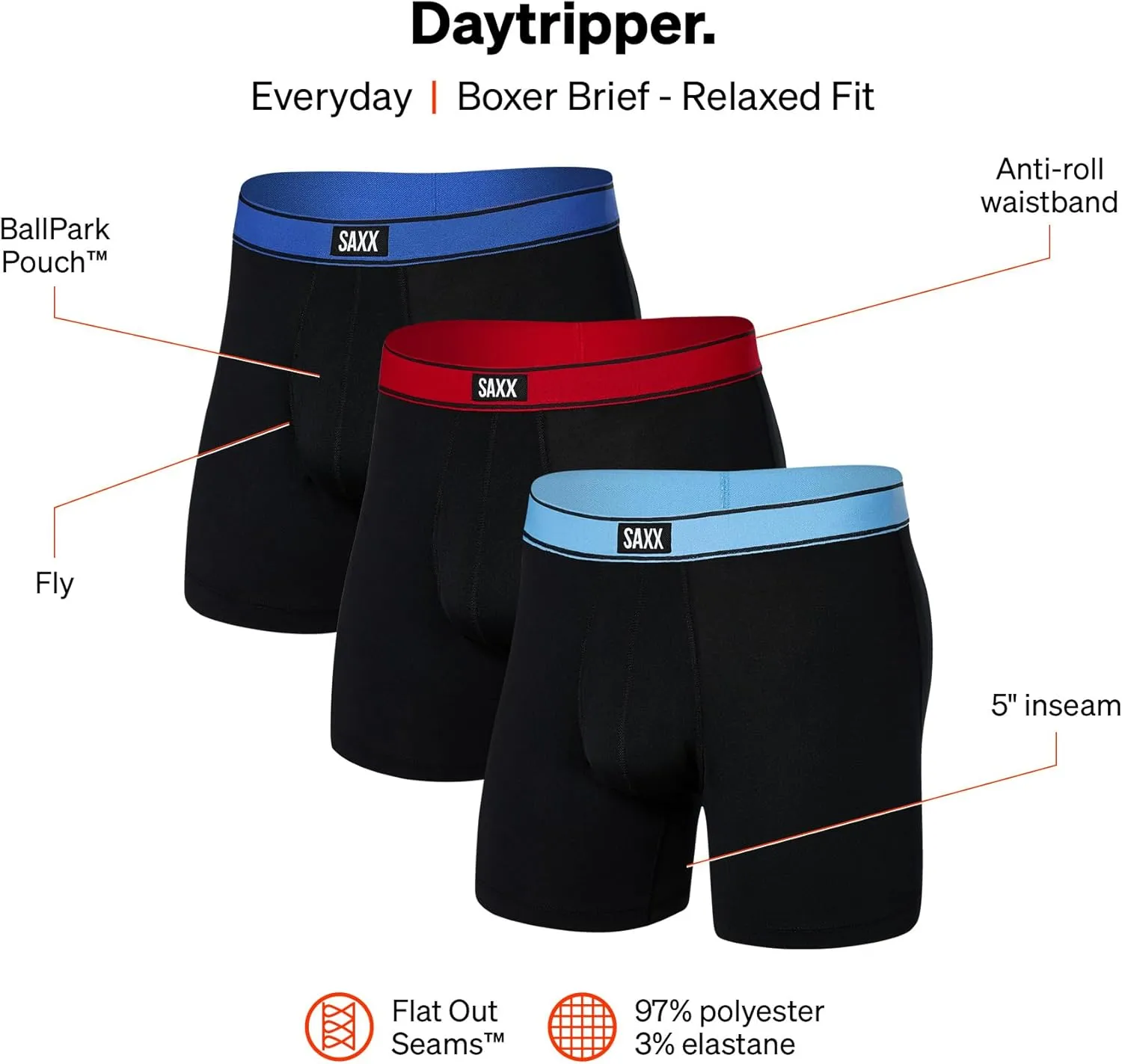 SAXX Underwear Co. - Men's Daytripper Boxer Brief Fly 3Pk With Built-In Pouch Support - Underwear For Men